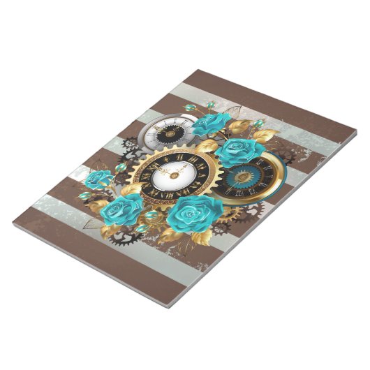 Bloc-note Steampunk Clock and Turquoise Roses on Striped (Incliné)