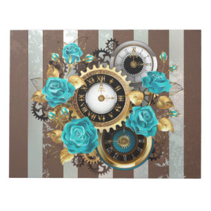 Bloc-note Steampunk Clock and Turquoise Roses on Striped