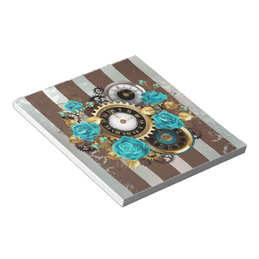 Bloc-note Steampunk Clock and Turquoise Roses on Striped (Incliné)