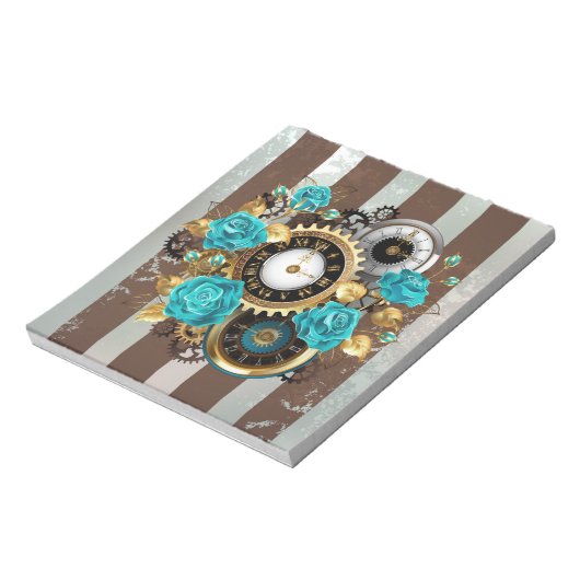 Bloc-note Steampunk Clock and Turquoise Roses on Striped (Tourné)
