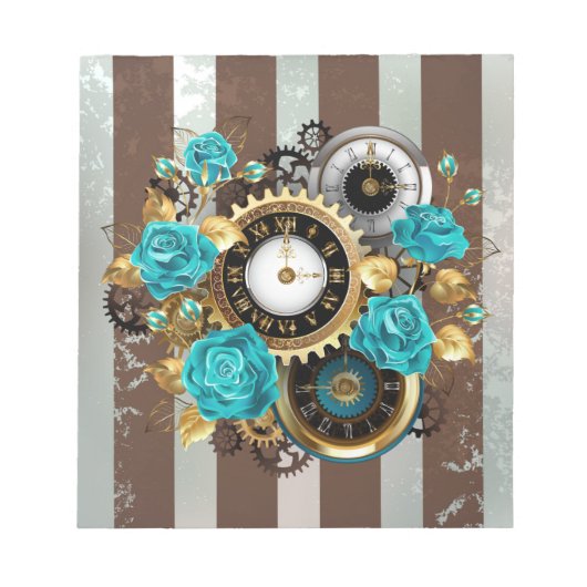 Bloc-note Steampunk Clock and Turquoise Roses on Striped (Devant)