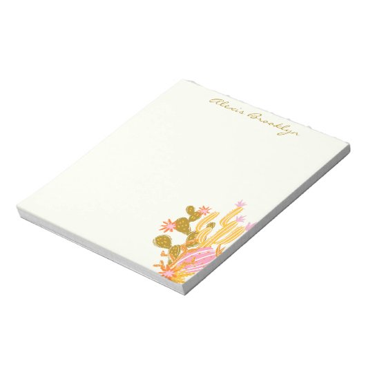 Bloc-note Style moderne rose vert cactus Nom personnalisé (Tourné)
