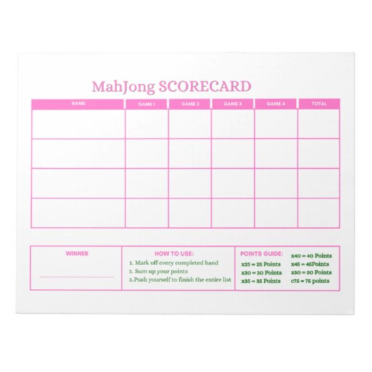 Bloc-note Suivi de score de jeu rose prépa Mahjong (Devant)