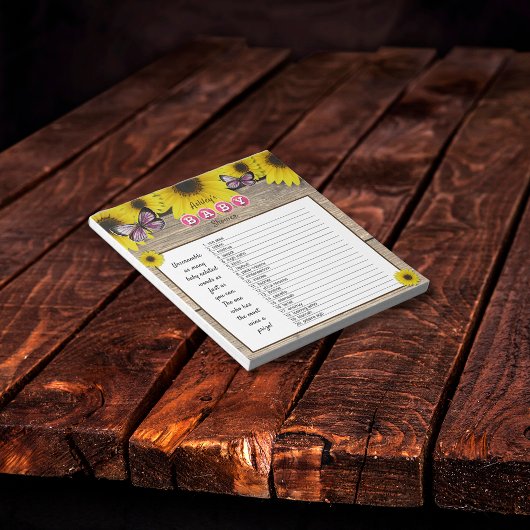 Bloc-note Sunflower rose Baby shower Word jeu