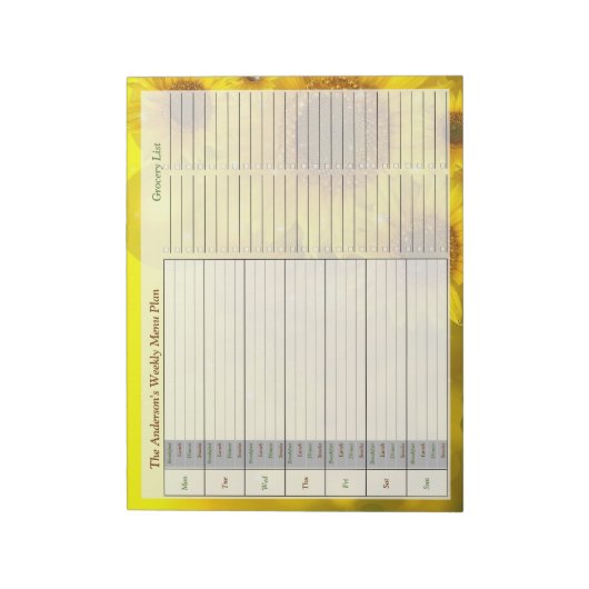 Bloc-note Sunflower Weekly Personalized Menu Plan Notepad (Tourné)
