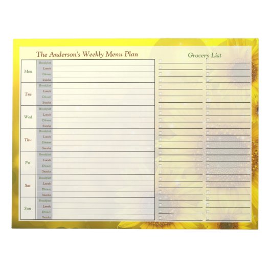 Bloc-note Sunflower Weekly Personalized Menu Plan Notepad (Devant)