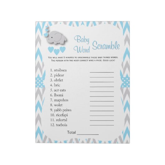Bloc-note Sweet Blue & Grey Elephant Baby shower Mot Jeu 2 (Tourné)