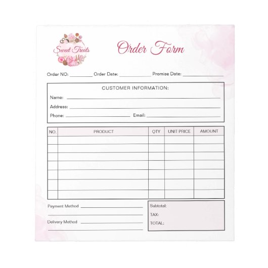 Bloc-note Sweet Treats Bakery Order Form Receipt Invoice (Devant)