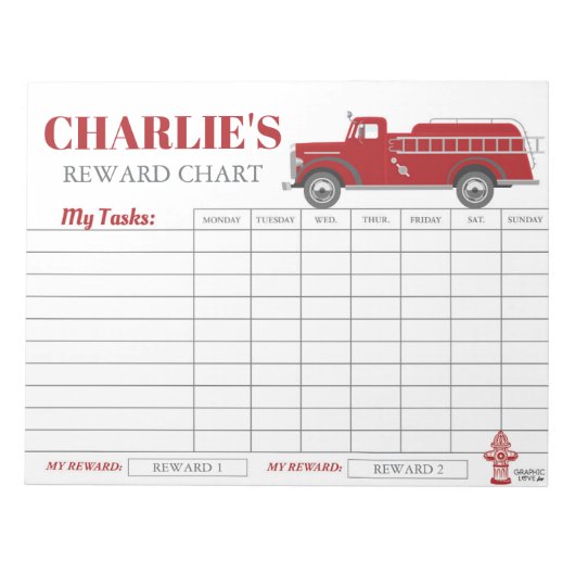 Bloc-note Tableau de récompense de camion de pompiers Nom et (Devant)