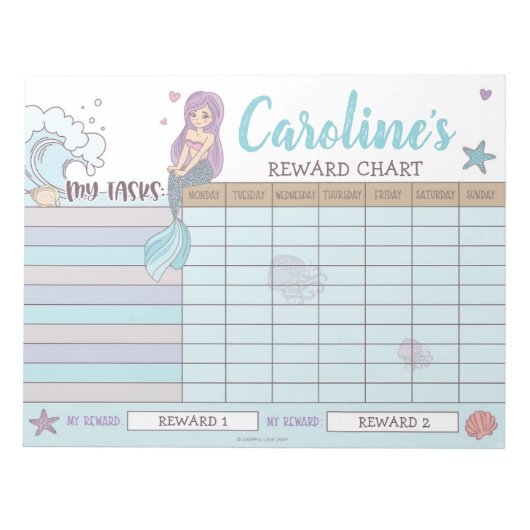 Bloc-note Tableau de récompenses Mermaid Nom et tâches perso (Devant)