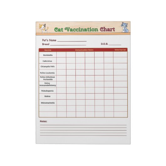Bloc-note Tableau de vaccination pour chats (Tourné)