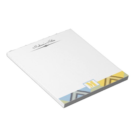Bloc-note Tartan bleu jaune Plaid Monogramme personnalisé (Incliné)