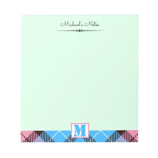 Bloc-note Tartan bleu rose Personnalisé Script Monogramme No (Devant)