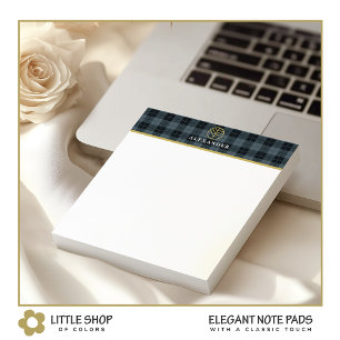 Bloc-note Tartan Noir Gris Monogramme Logo Or Personnalisabl