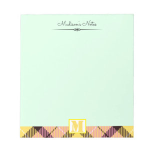 Bloc-note Tartan Rose Jaune Monogramme Écriture Personnalisé