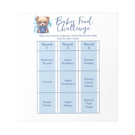 Bloc-note Teddy Bear Blue Baby shower Food Challenge Jeu (Devant)