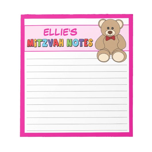 Bloc-note Teddy Bear personnalisée Mitzvah rose (Devant)