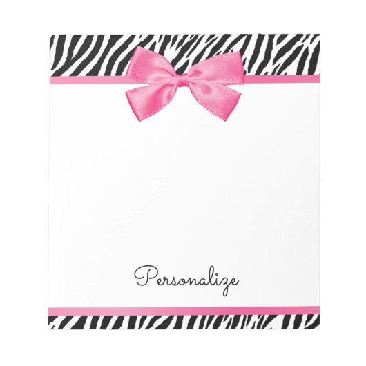 Bloc-note Tendance Zebra Print Chic Hot Rose Bow et nom (Devant)