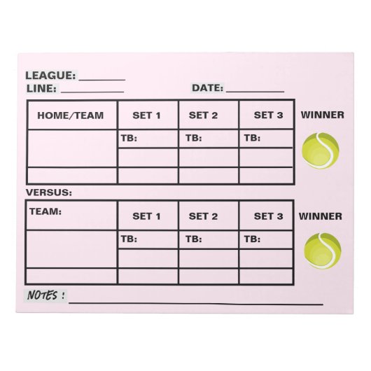 Bloc-note Tennis Score Pad - Tennis Score Sheets Rose (Devant)