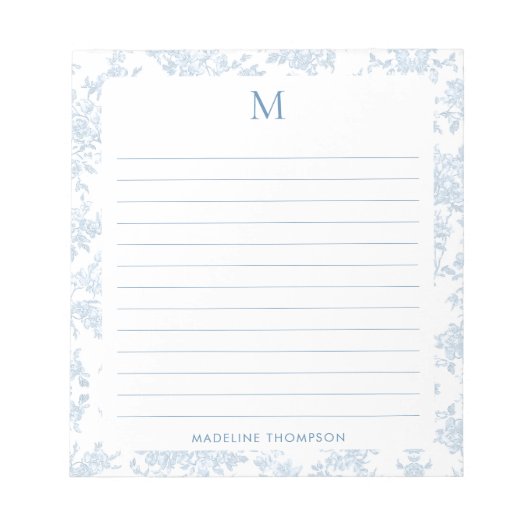 Bloc-note Toile Botanique Classique Monogramme Bleu Français (Devant)