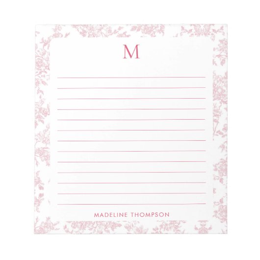 Bloc-note Toile de Jouy Botanique Classique Monogramme Rouge (Devant)