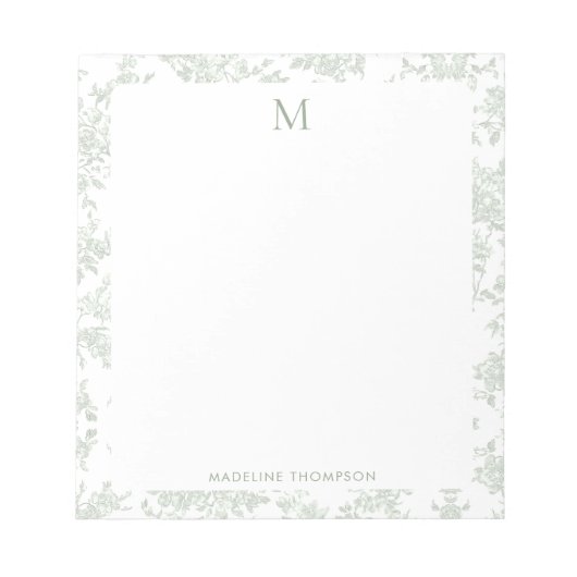 Bloc-note Toile de Jouy Botanique Classique Monogramme Vert (Devant)