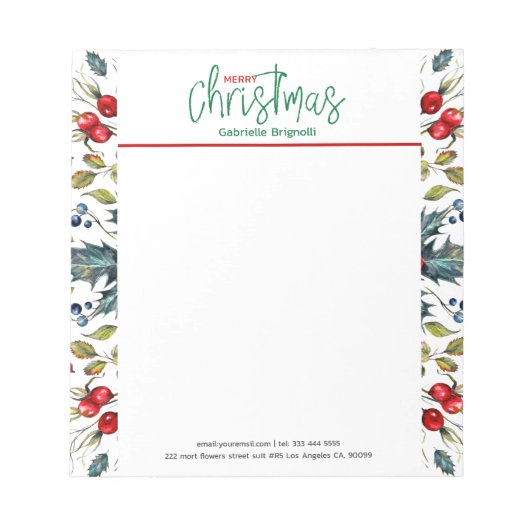 Bloc-note Typographie de Noël, baies rouges avec sainte vert (Devant)