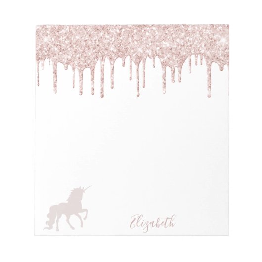 Bloc-note Unicorn rose or parties scintillant drip blanc nom (Devant)