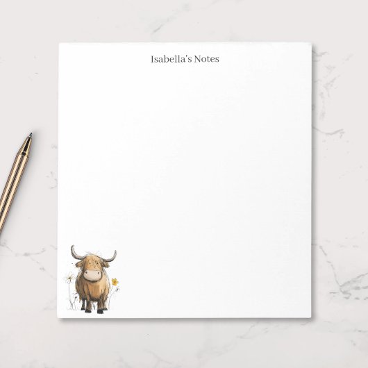 Bloc-note Vache des Highlands mignonne et fleurs - Dessin pe