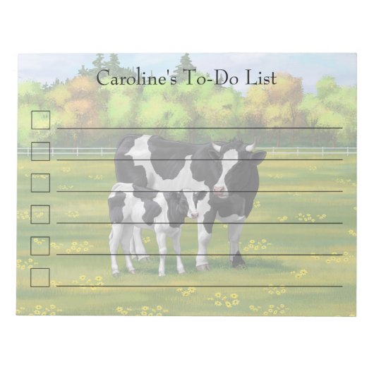 Bloc-note Vache Holstein et veau mignon en pâturage d'été (Devant)
