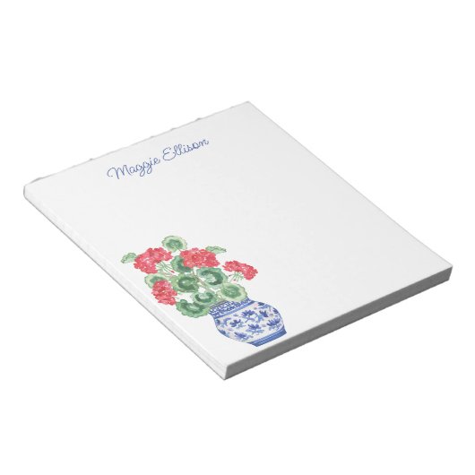 Bloc-note Vase Chinoiserie des Geraniums rouges Personnalisé (Incliné)