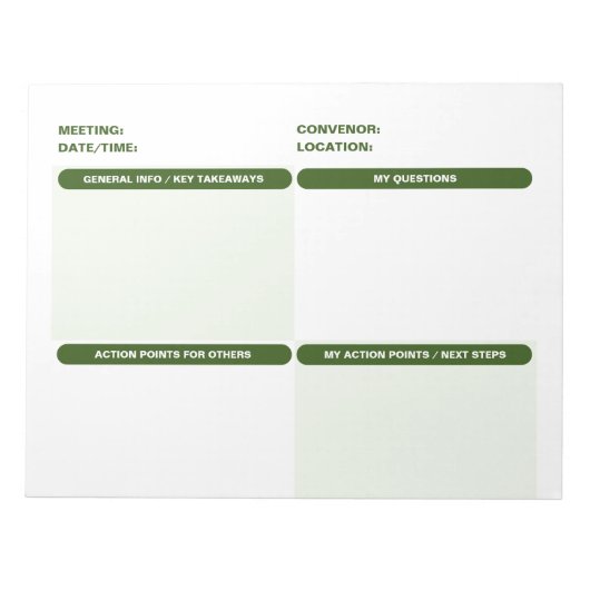 Bloc-note Vert personnalisable en quatre parties NOTES DE RÉ (Devant)