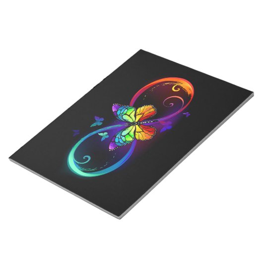 Bloc-note Vibrant infinity with rainbow butterfly on black (Incliné)