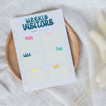 Bloc-note Visiteurs hebdomadaires, Soins, Parents vieillissa<br><div class="desc">Utilisez ce bloc-notes déchiré pour garder une trace des visiteurs de vos parents ou de vos proches. C'est un de mes blocs-notes de visiteur hebdomadaires avec un design avec des boîtes au lieu de linéaire. Plus facile pour quelqu'un qui a les mains tremblantes d'écrire une note. J'ai créé ceci à...</div>