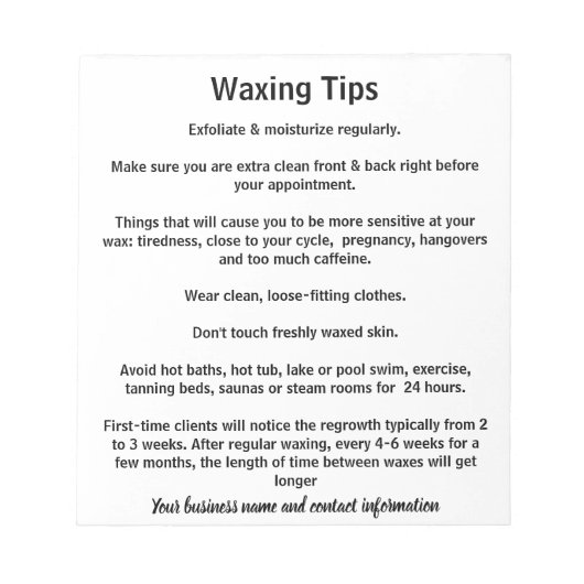 Bloc-note Waxing take home aftercare sheets (Devant)