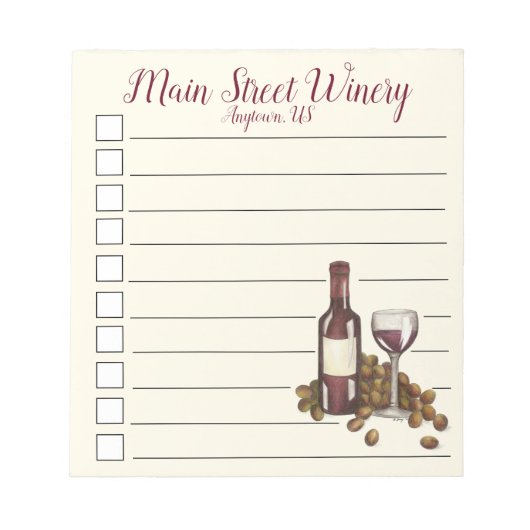Bloc-note Winery Red Wine Bottle Glass Grapes Checklist (Devant)