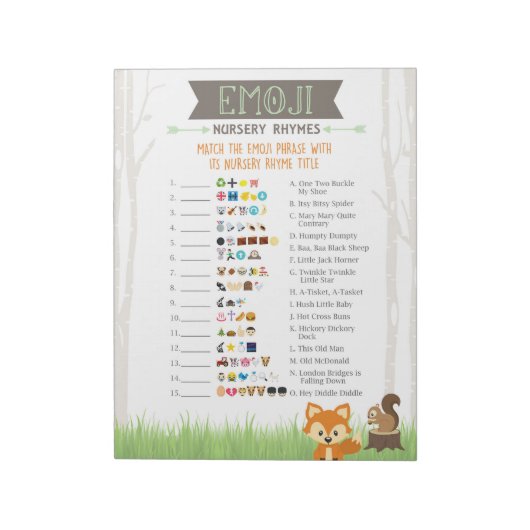 Bloc-note Woodland Emoji Nursery Rhyme Jeu Baby shower (Tourné)
