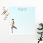 Bloc-note Yoga Woman In Tree Pose Et Yoga Instructeur Texte<br><div class="desc">Belle illustration vectorielle d'une jolie brune faisant du yoga. La femme fait la pose d'arbre et ses mains sont en namaste. Elle porte une chemise lilas et un pantalon gris foncé. L'arrière - plan est un joli dégradé bleu. Il y a aussi le texte qui dit "instructeur de yoga" avec...</div>