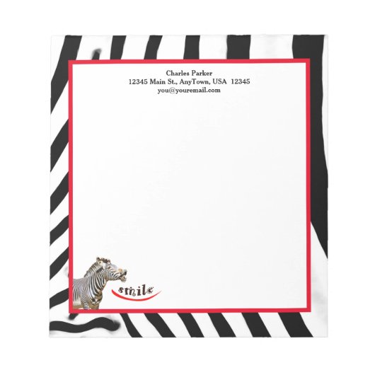 Bloc-note Zebra Smile Noir/Blanc/Rouge personnalisable (Devant)