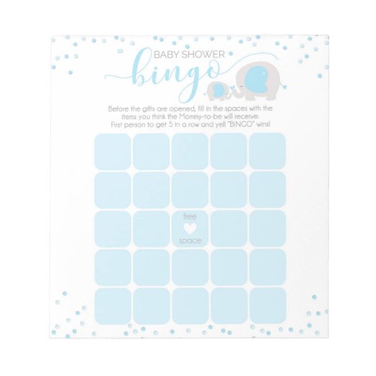 Bloc-notes Baby shower Bingo Blue White Elephant B (Devant)