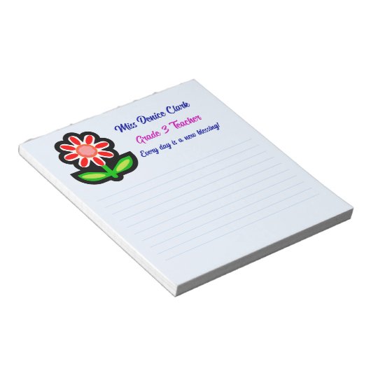 Bloc-notes bleu enseignant avec fleurs rouges (Incliné)