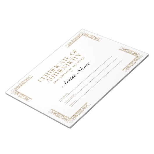Bloc-notes de certificat d'authenticité personnali (Incliné)
