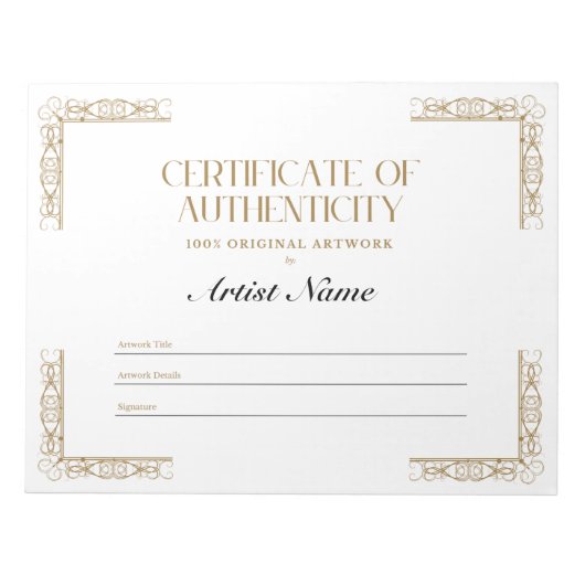 Bloc-notes de certificat d'authenticité personnali (Devant)