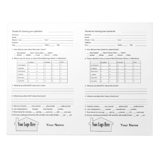 Bloc-notes de commentaires Open House Real Estate (Devant)