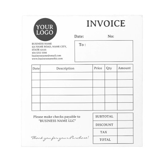 Bloc-notes de facture d'entreprise Noir & Blanc (Devant)