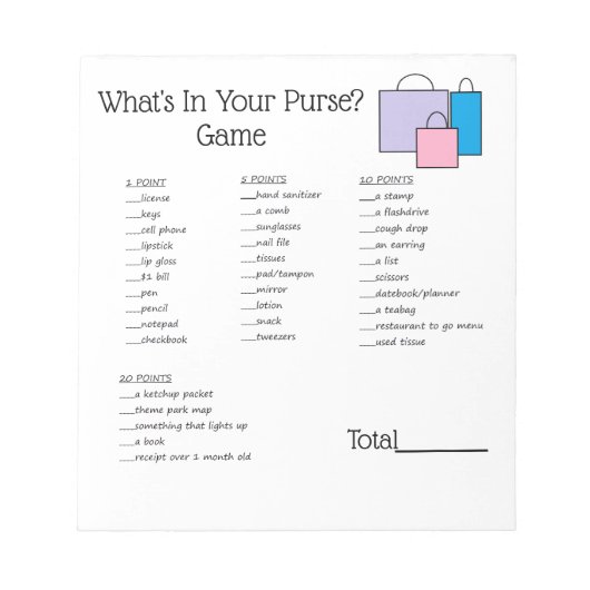 Bloc-notes de jeu "What's in Your Purse" (Devant)