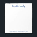 Bloc-notes de la famille bleu clair de script simp<br><div class="desc">Bloc-notes pour la famille - Parfait pour les notes et les listes quotidiennes. Personnalisé avec le nom de famille en haut et fini avec le prénom de votre famille en bas. La couleur peut facilement être changée.</div>