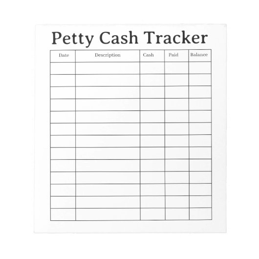 Bloc-notes de suivi de petite caisse (Devant)