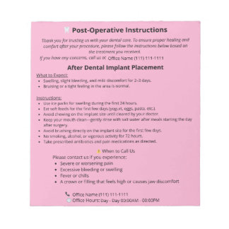 Bloc-notes des instructions post-opératoires denta