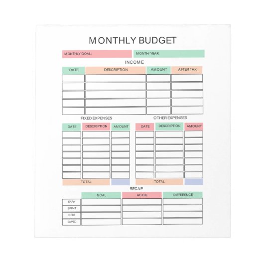 Bloc-notes du budget mensuel (Devant)